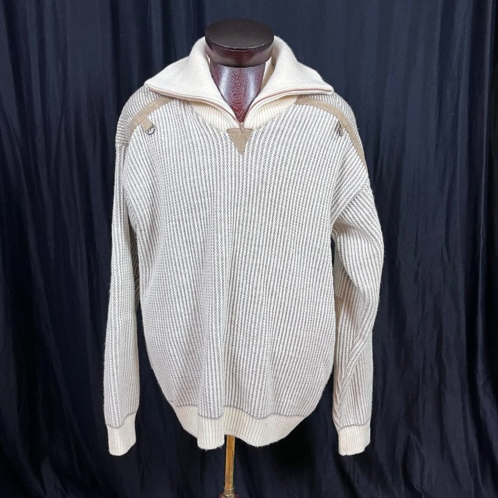 Men's Sweater Argentina Knit Leather Patches 1/8 Zip Size L Off White Cream XL